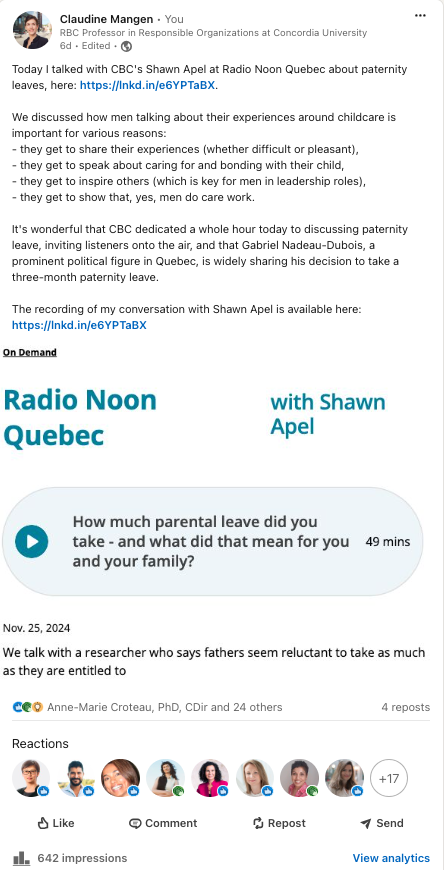 Linkedin Post about Claudine Mangen talking with Shawn Apel from CBC News on Nov 25, 2024